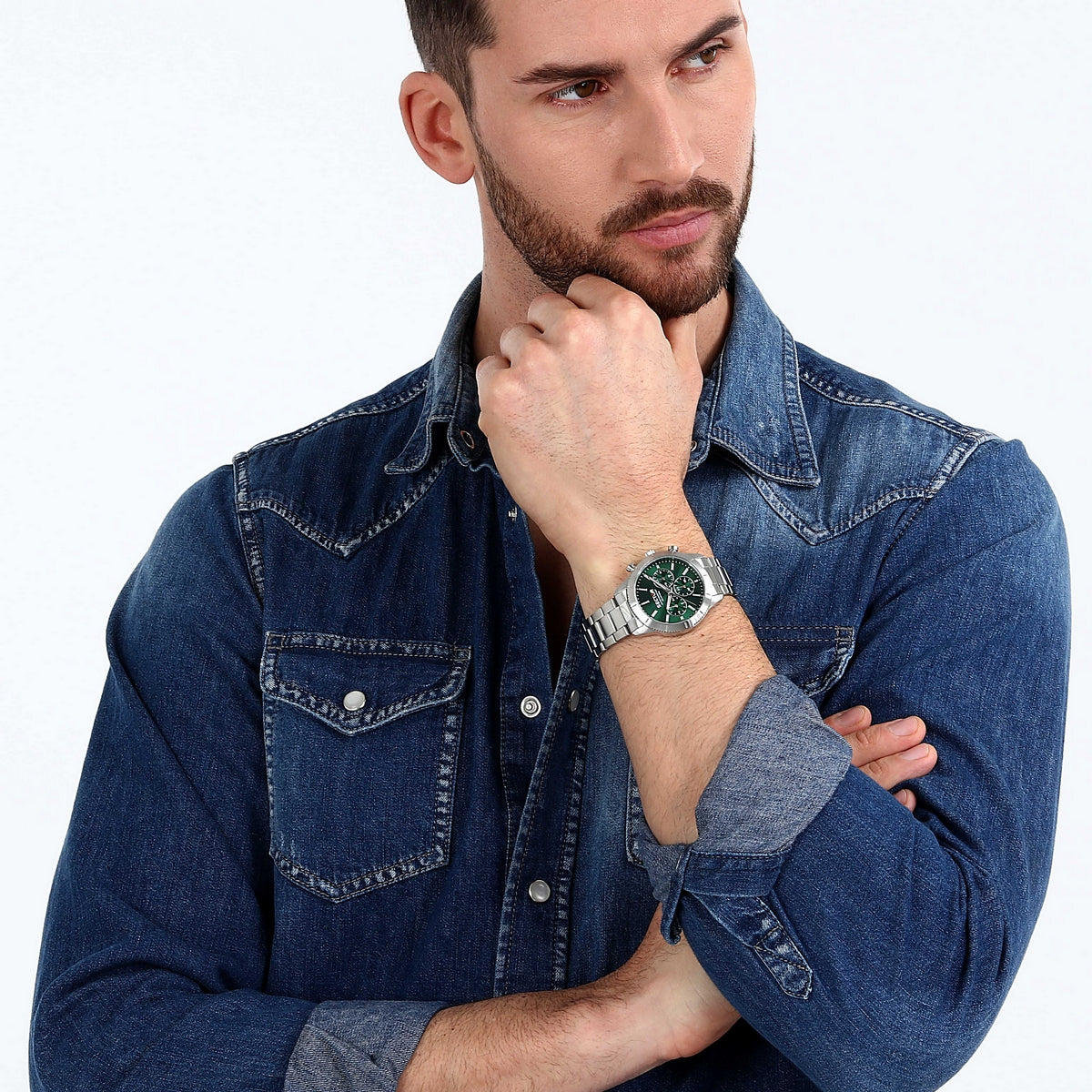 sector quartz multi function stainless steel green dial bracelet watch