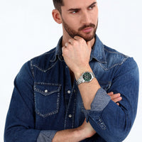 sector quartz multi function stainless steel green dial bracelet watch