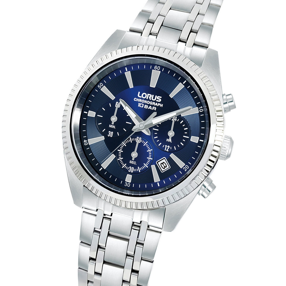 lorus quartz chronograph gents stainless steel navy dial bracelet watch