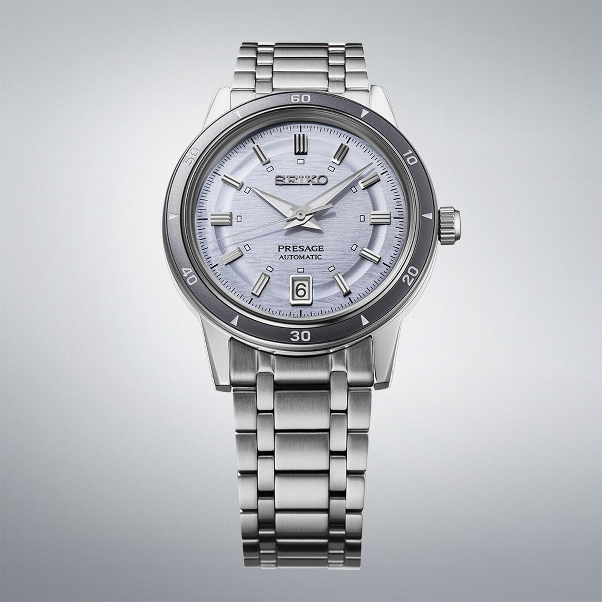 seiko presage style 60s in silvery violet bracelet watch