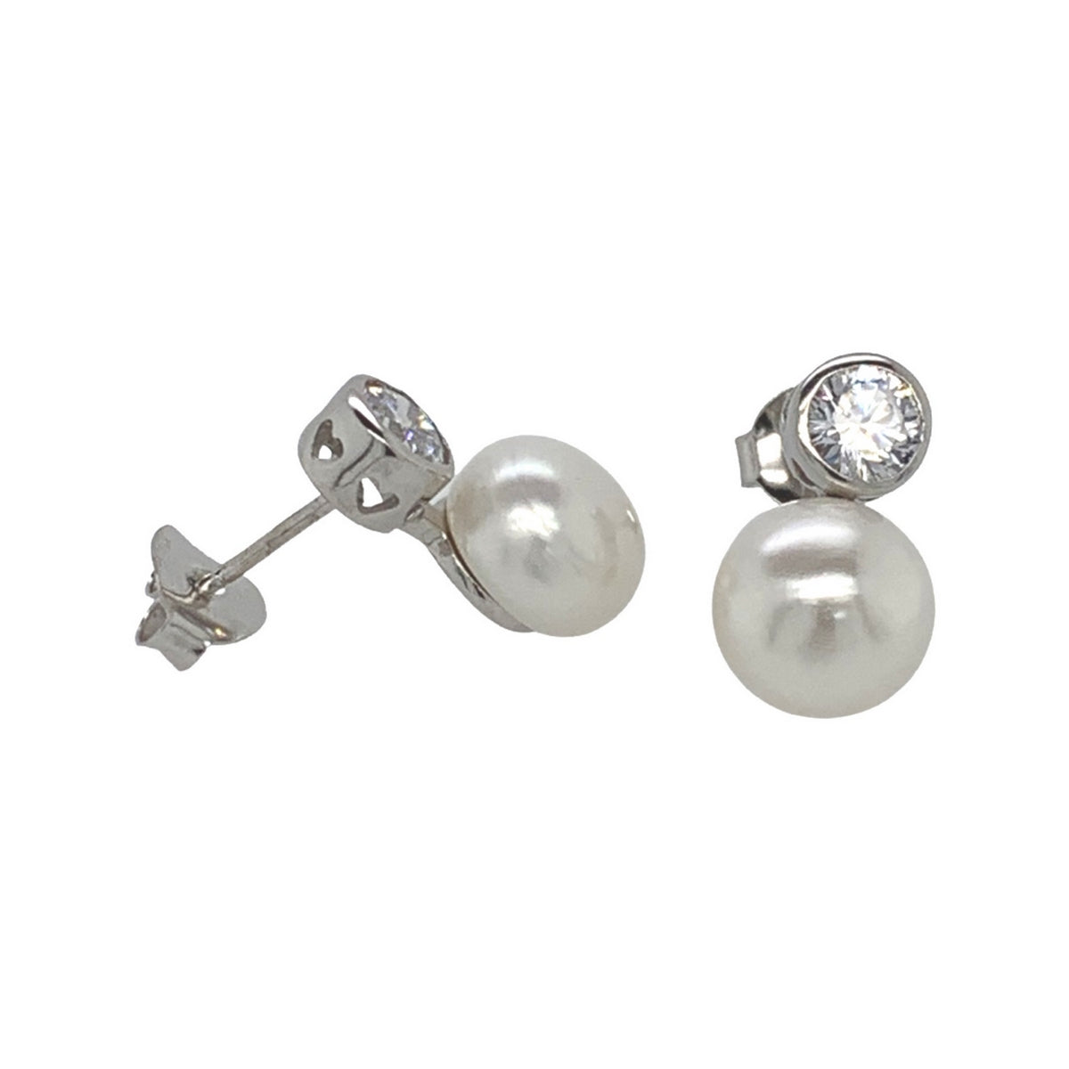 silver push back earrings decorated with freshwater pearls and cz