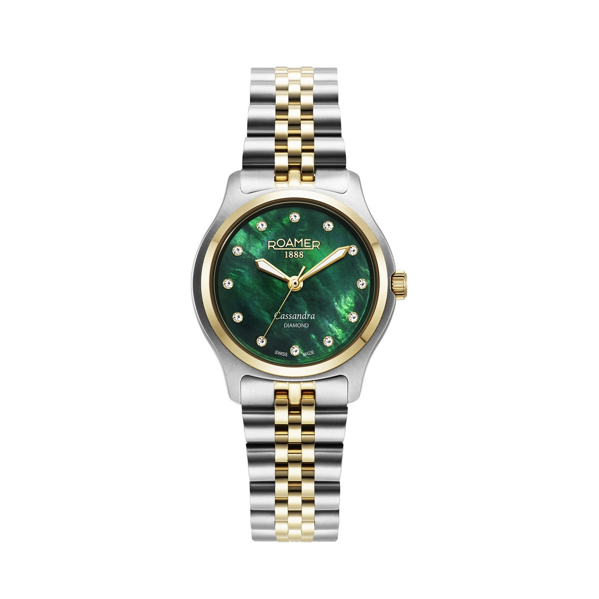 roamer cassandra diamond 31 mm two tone quartz watch green mop dial
