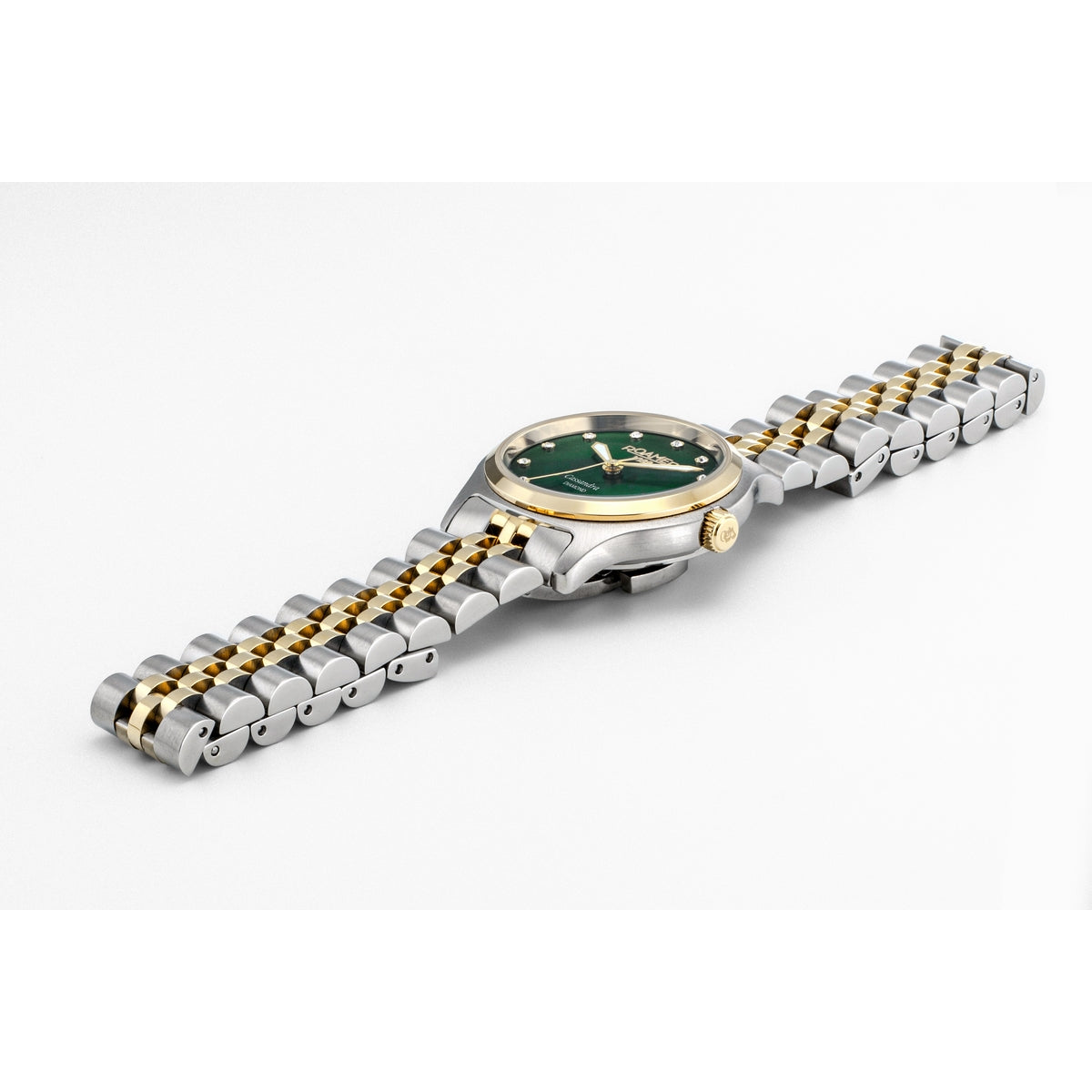 roamer cassandra diamond 31 mm two tone quartz watch green mop dial