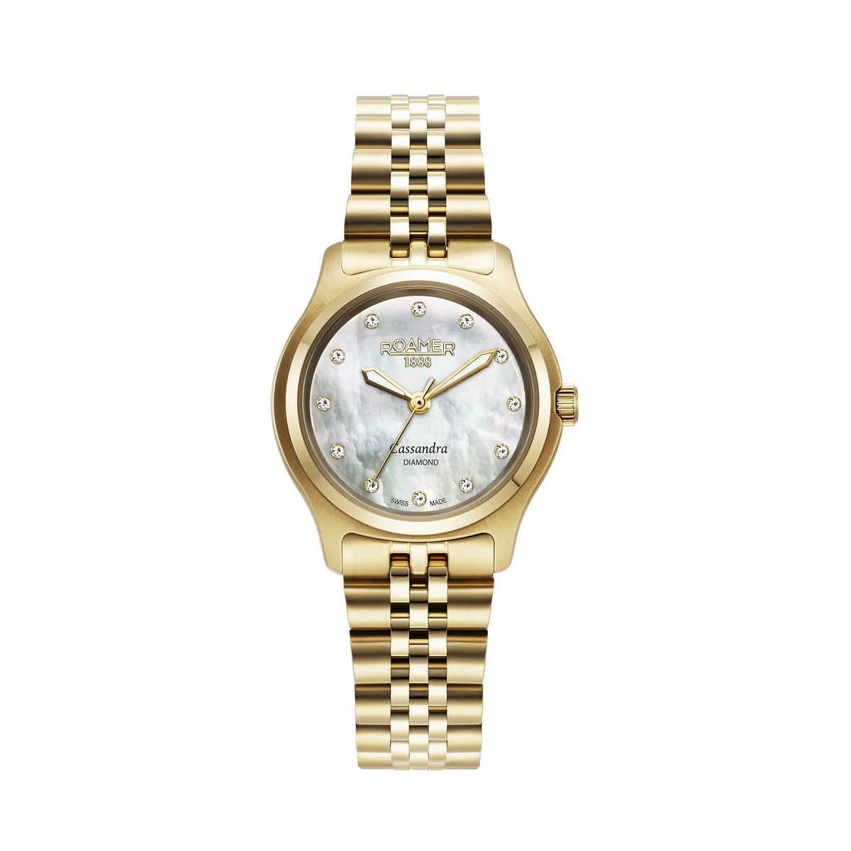 roamer cassandra diamond 31 mm gold plated quartz watch mop dial