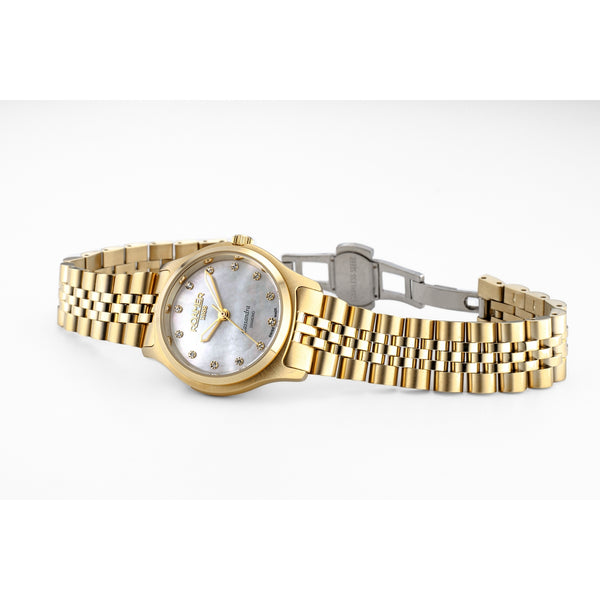 roamer cassandra diamond 31 mm gold plated quartz watch mop dial