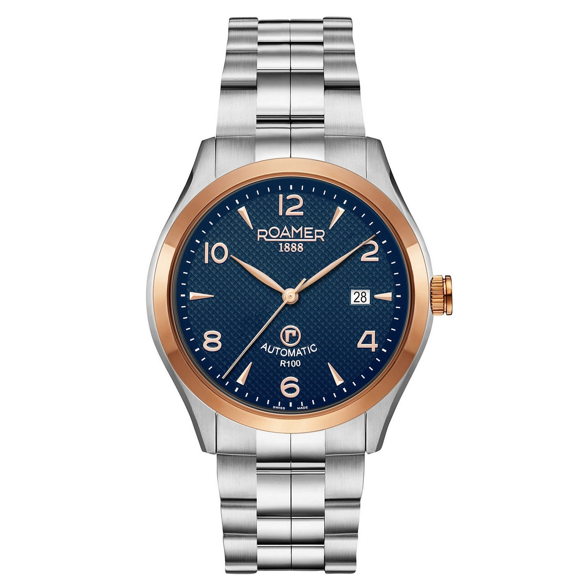 roamer r-100 automatic gents two tone blue dial stainless steel bracelet watch