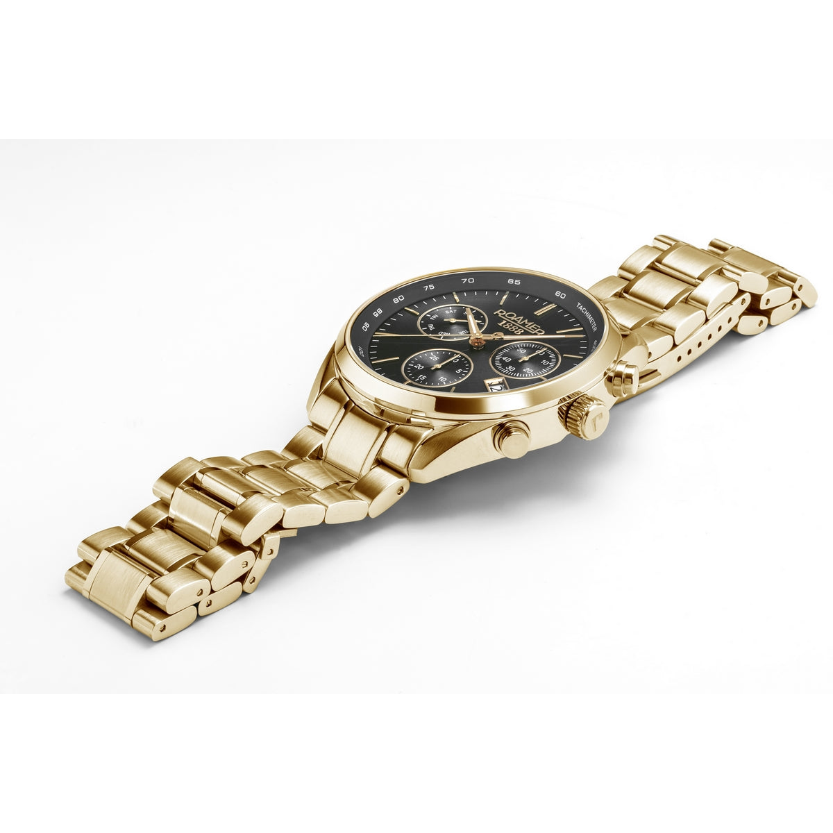 roamer pro chronograph gents gold plated black dial bracelet watch