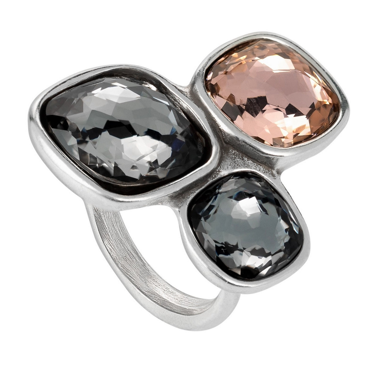 uno de 50 ladies silver-plated metal alloy ring with 2 grey and 1 salmon crystals