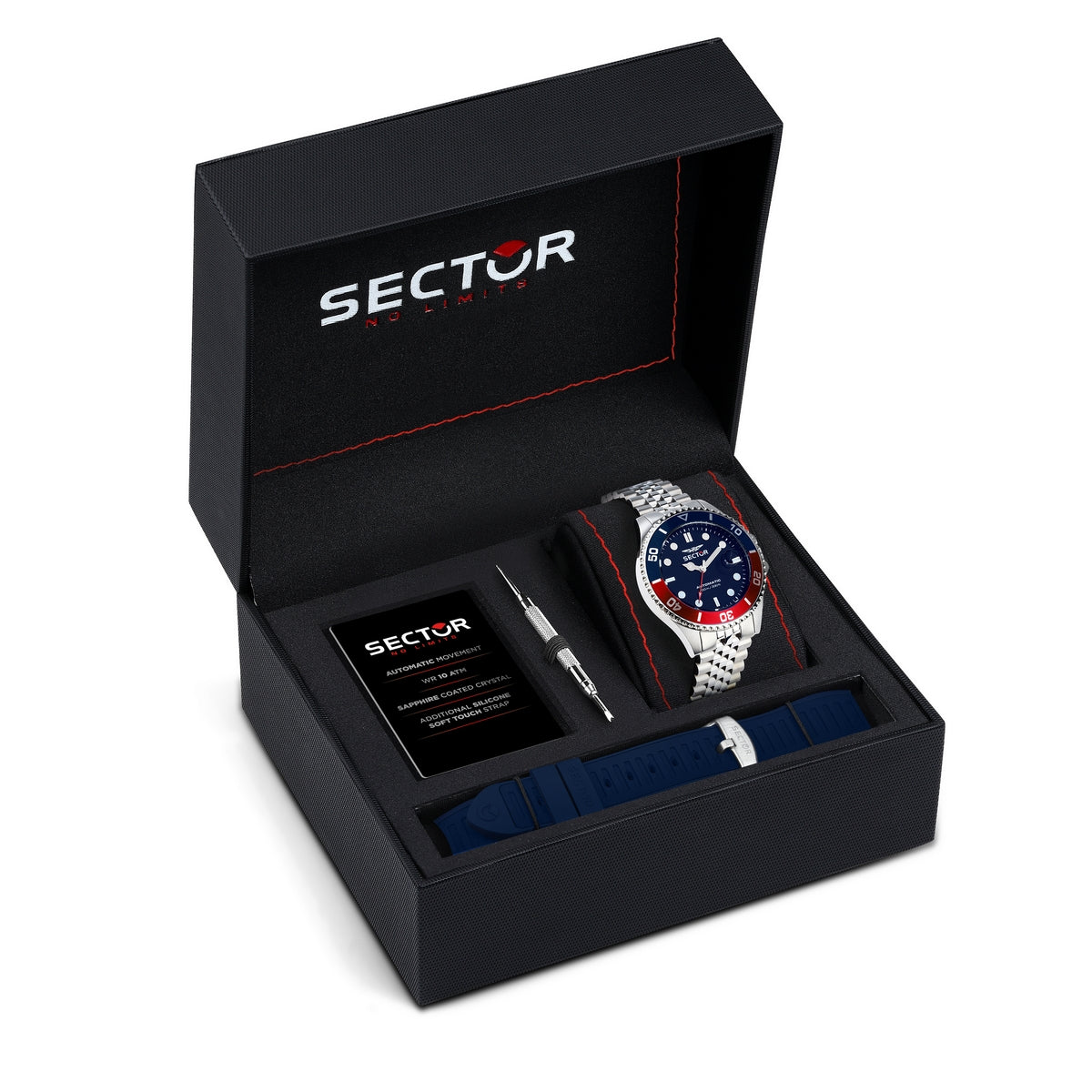 sector 230 43mm auto 3h blue dial stainless steel bracelet & blue silicone