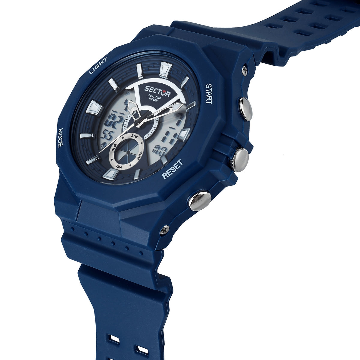 sector digital dual time, chime, stopwatch, navy silicone watch