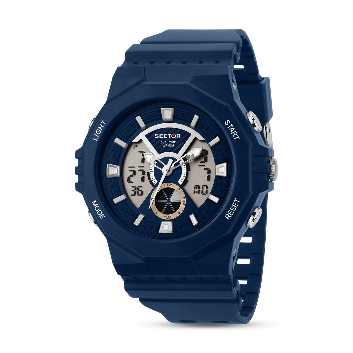 sector digital dual time, chime, stopwatch, navy silicone watch