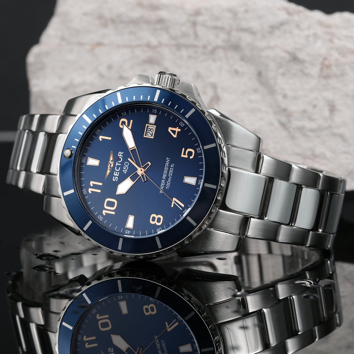 sector  450 43mm 3 hand blue dial bracelet  watch