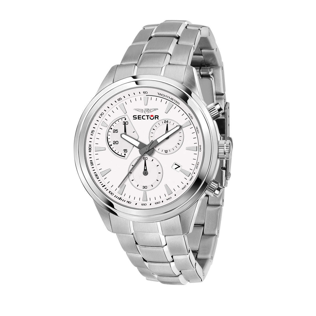sector chronograph stainless steel white dial bracelet watch
