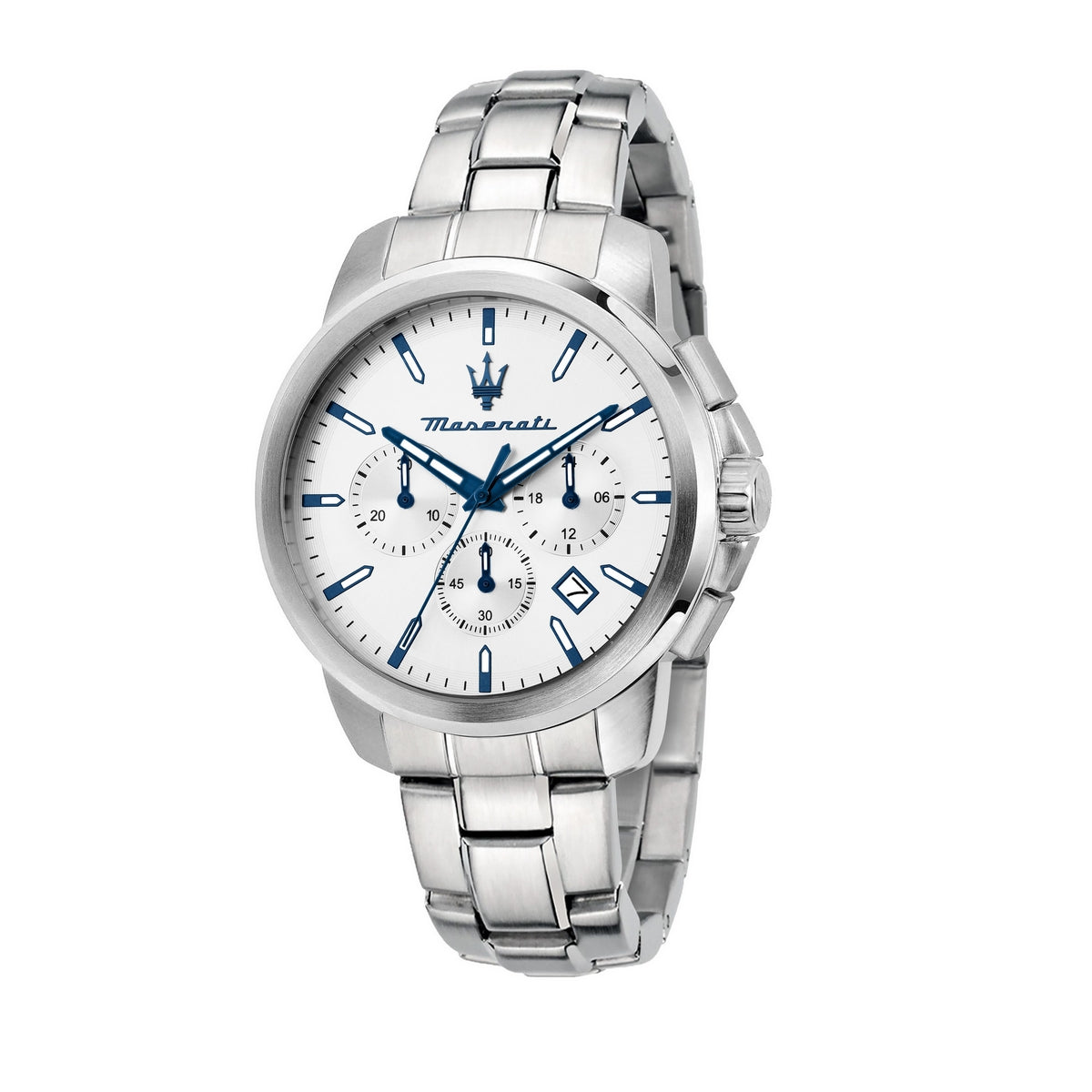 maserati successo 42mm chrono white silver dial stainless steel bracelet