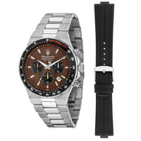 maserati sfida 41mm chronograph choco dial stainless steel bracelet with black strap gift set