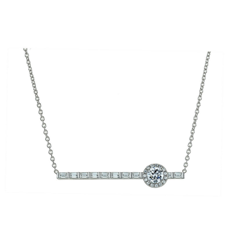 real effect necklace with horizontal line set bagettes and a stone set movable circle on that