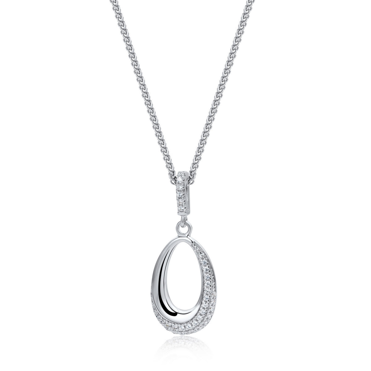 partially stoneset cubic zirconia teardrop outline pendant necklace with stoneset bale in sterling silver