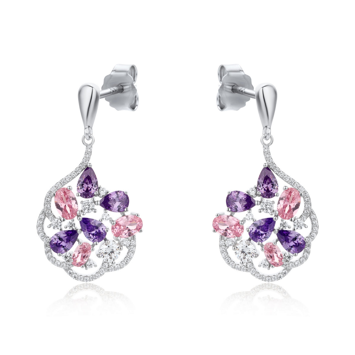 cubic zirconia, amethyst and rose quartz pendant drop earrings in sterling silver