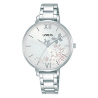 lorus quartz ladies stainless steel silver sunray patterened dial strap watch