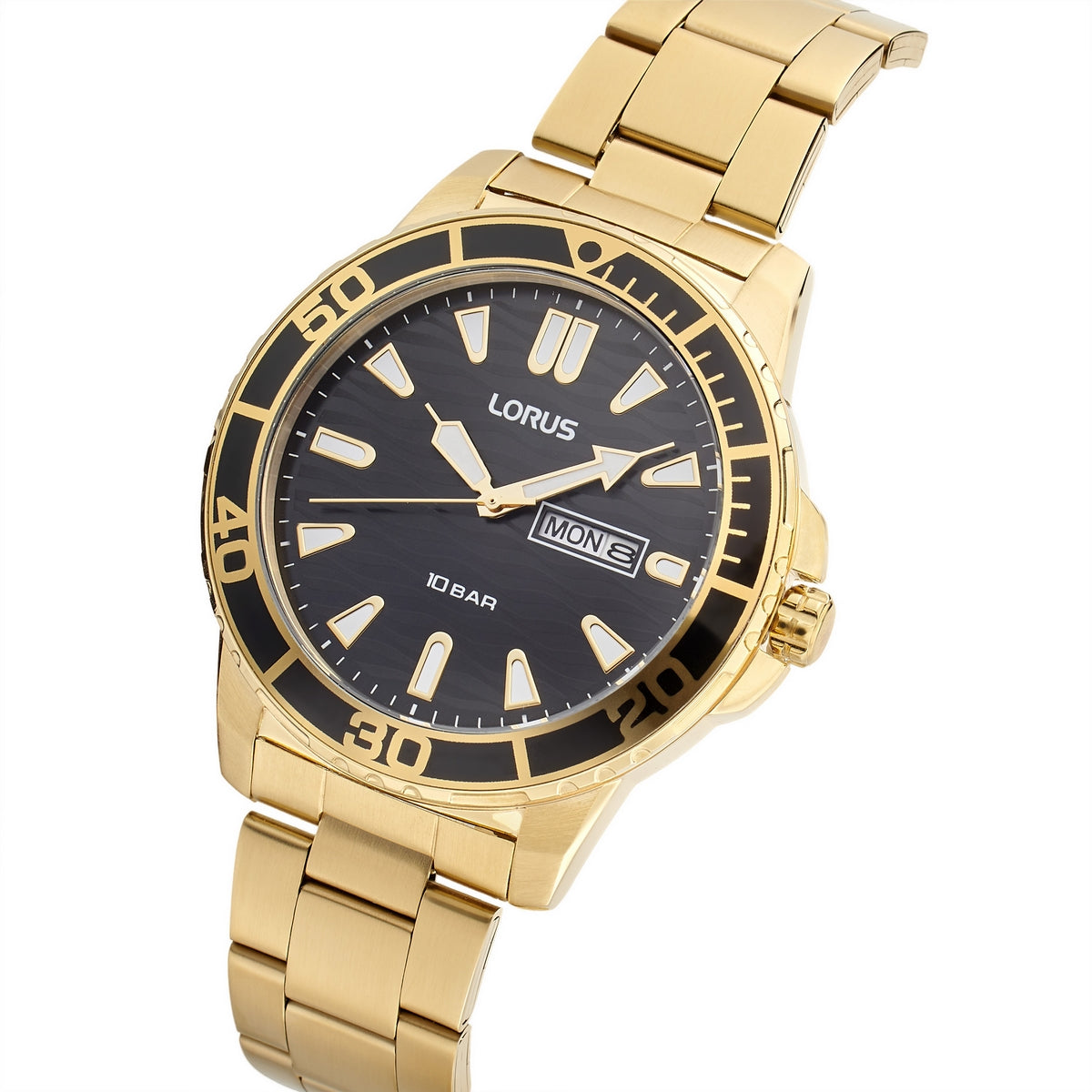 lorus quartz gents gold plated black dial bracelet watch