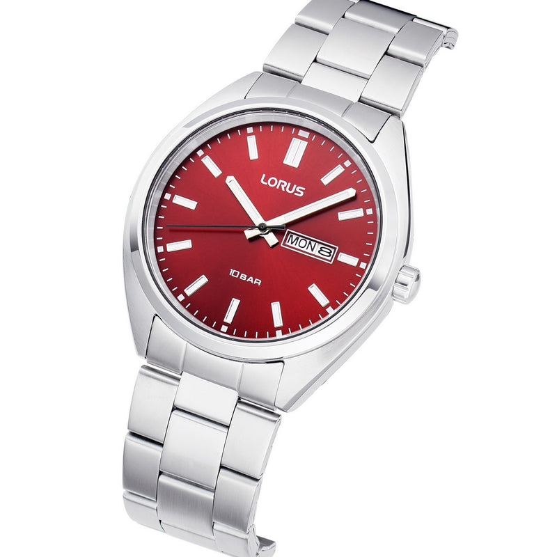 lorus quartz gents stainless steel red dial bracelet watch