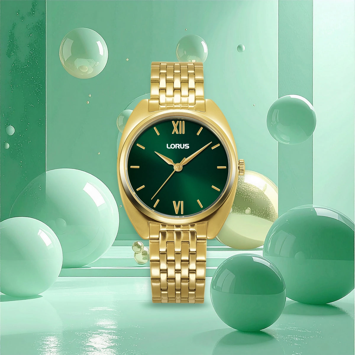 lorus quartz ladies gold plated green dial bracelet watch