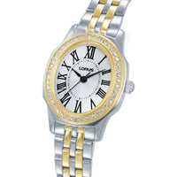 lorus quartz ladies two tone stone set white dial bracelet watch