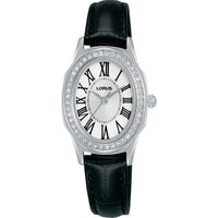 lorus quartz ladies stainless steel stone set black dial strap watch