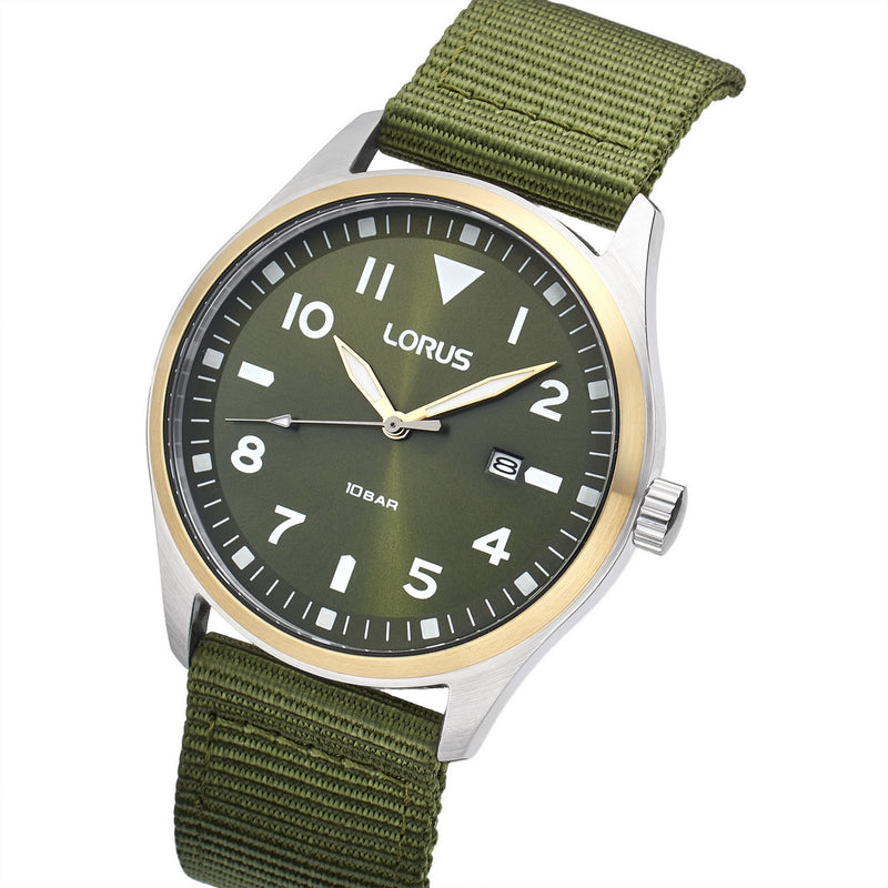 lorus quartz gents two tone green dail green canvas strap