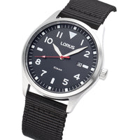 lorus quartz gents stainless steel black dial black canvas strap