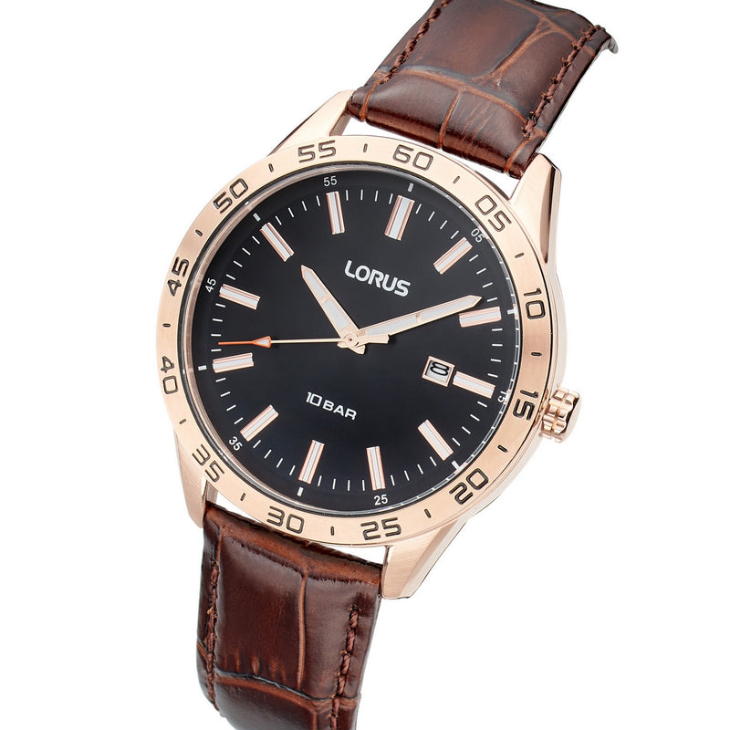 lorus quartz gents rose gold black dial strap watch