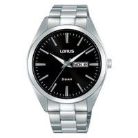 lorus quartz gents stainless steel black dial bracelet watch
