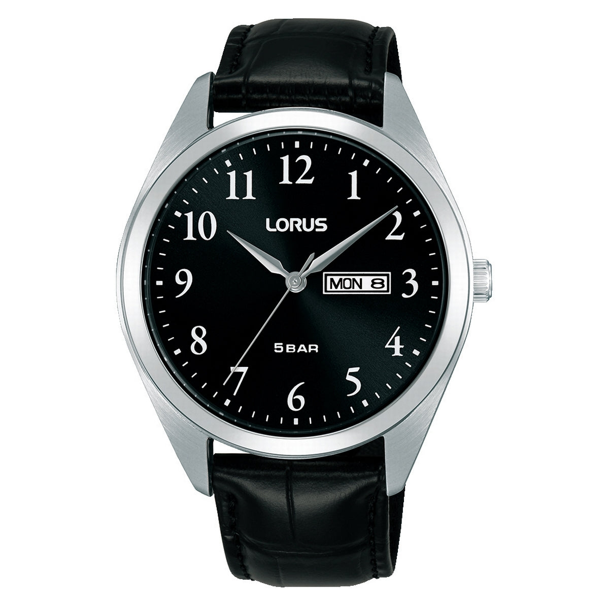 lorus quartz gents stainless steel black dial strap watch