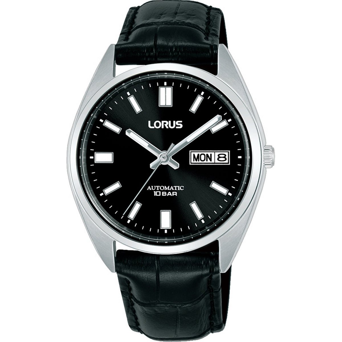 lorus automatic gents stainless steel black dial strap watch
