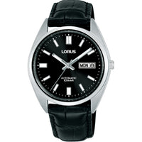 lorus automatic gents stainless steel black dial strap watch