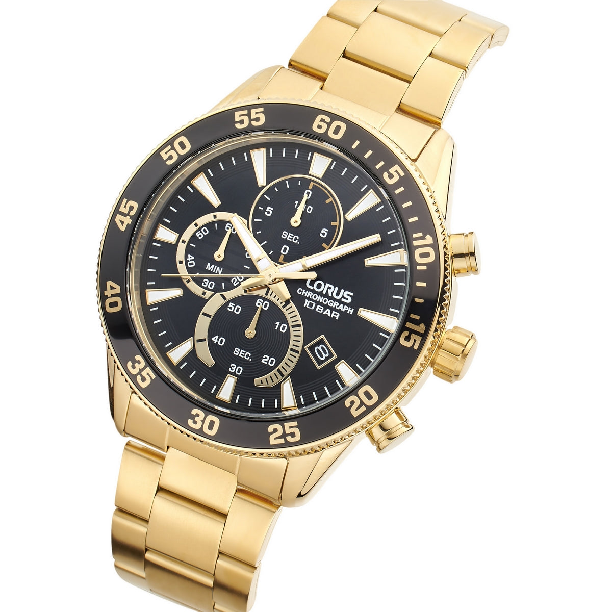 lorus chronograph gents gold plated black dial bracelet watch