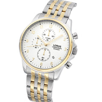 lorus chronograph gents two tone stainless steel white dial brcelet watch