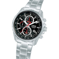 lorus quartz chronograph gents stainless steel black dial bracelet watch