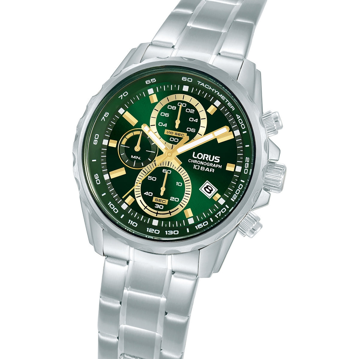 lorus quartz chronograph gents stainless steel green dial bracelet watch