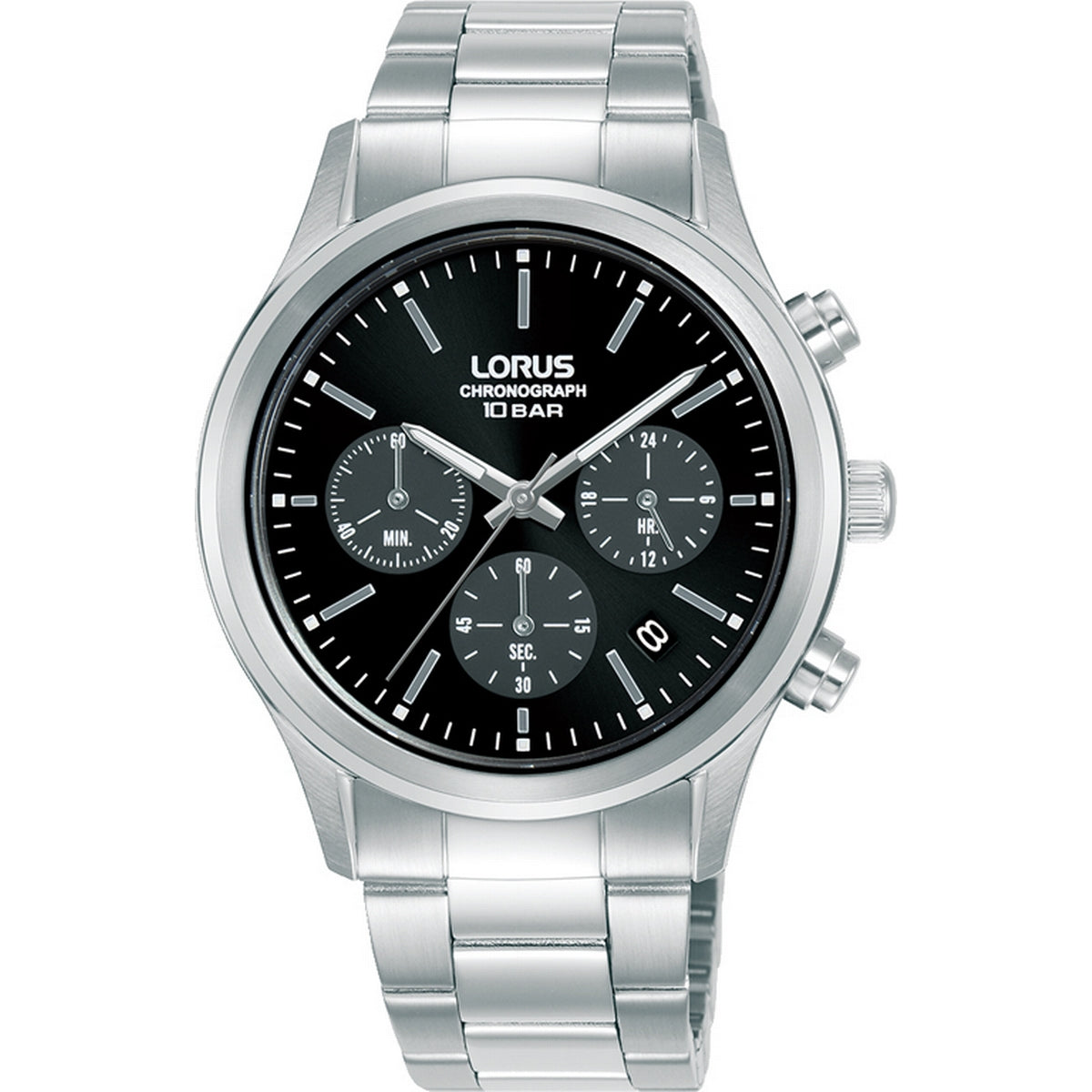 lorus quartz chronograph gents stainless steel black dial bracelet watch
