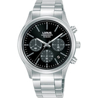 lorus quartz chronograph gents stainless steel black dial bracelet watch