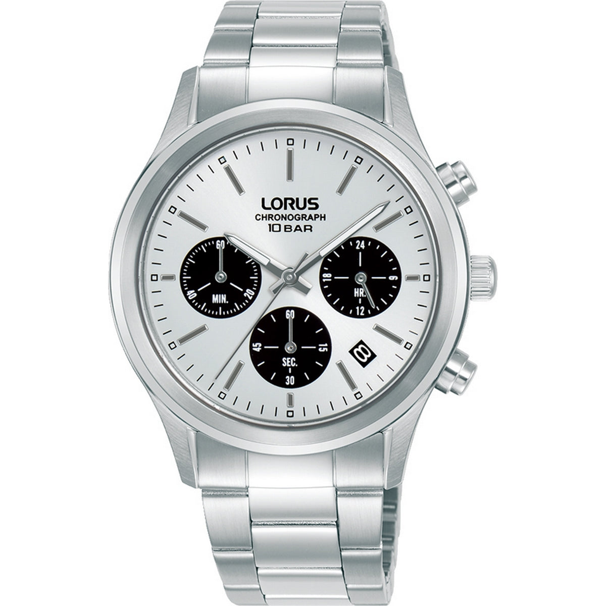 lorus quartz chronograph gents stainless steel white dial bracelet watch