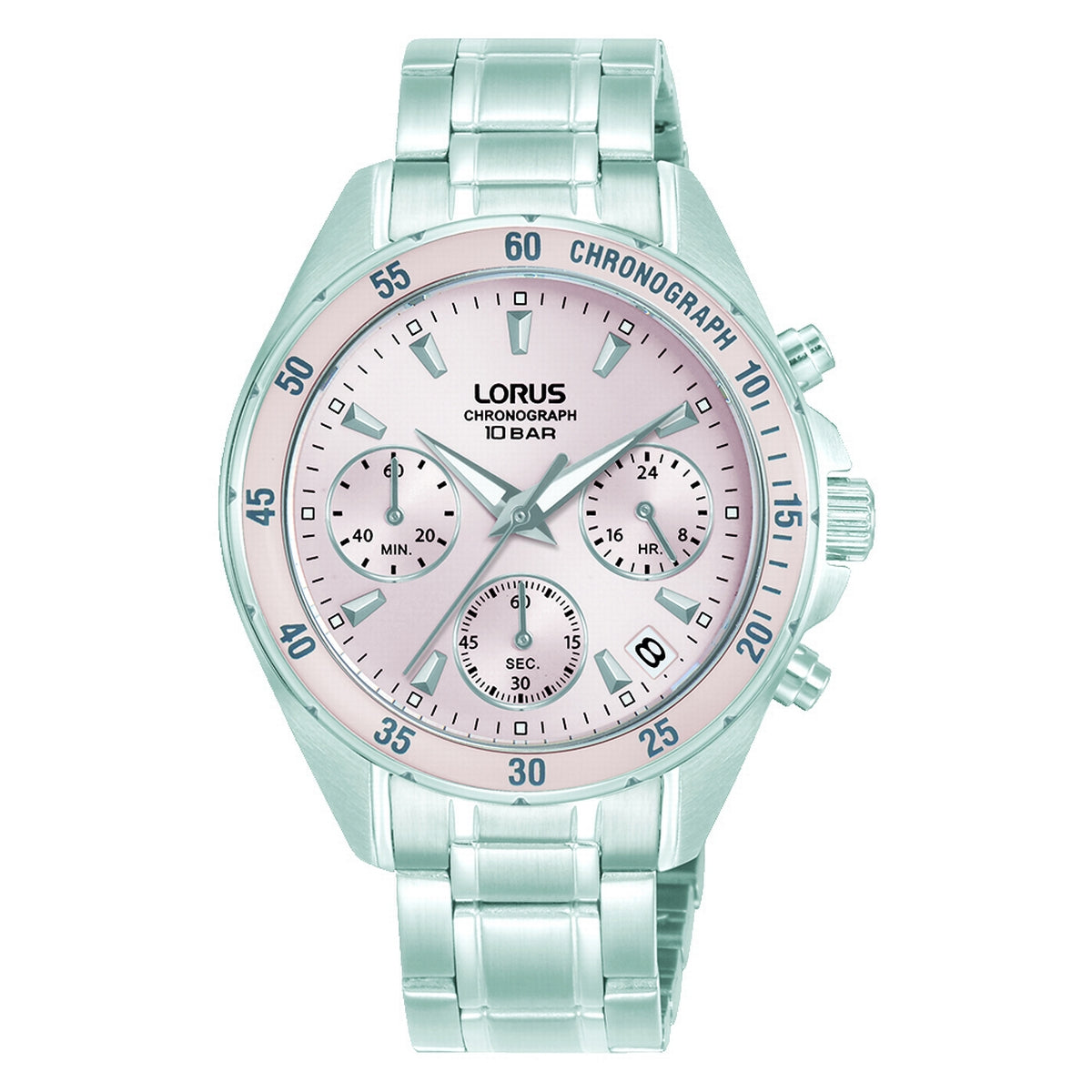 lorus quartz chronograph ladies stainless steel pink dial bracelet watch