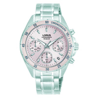 lorus quartz chronograph ladies stainless steel pink dial bracelet watch