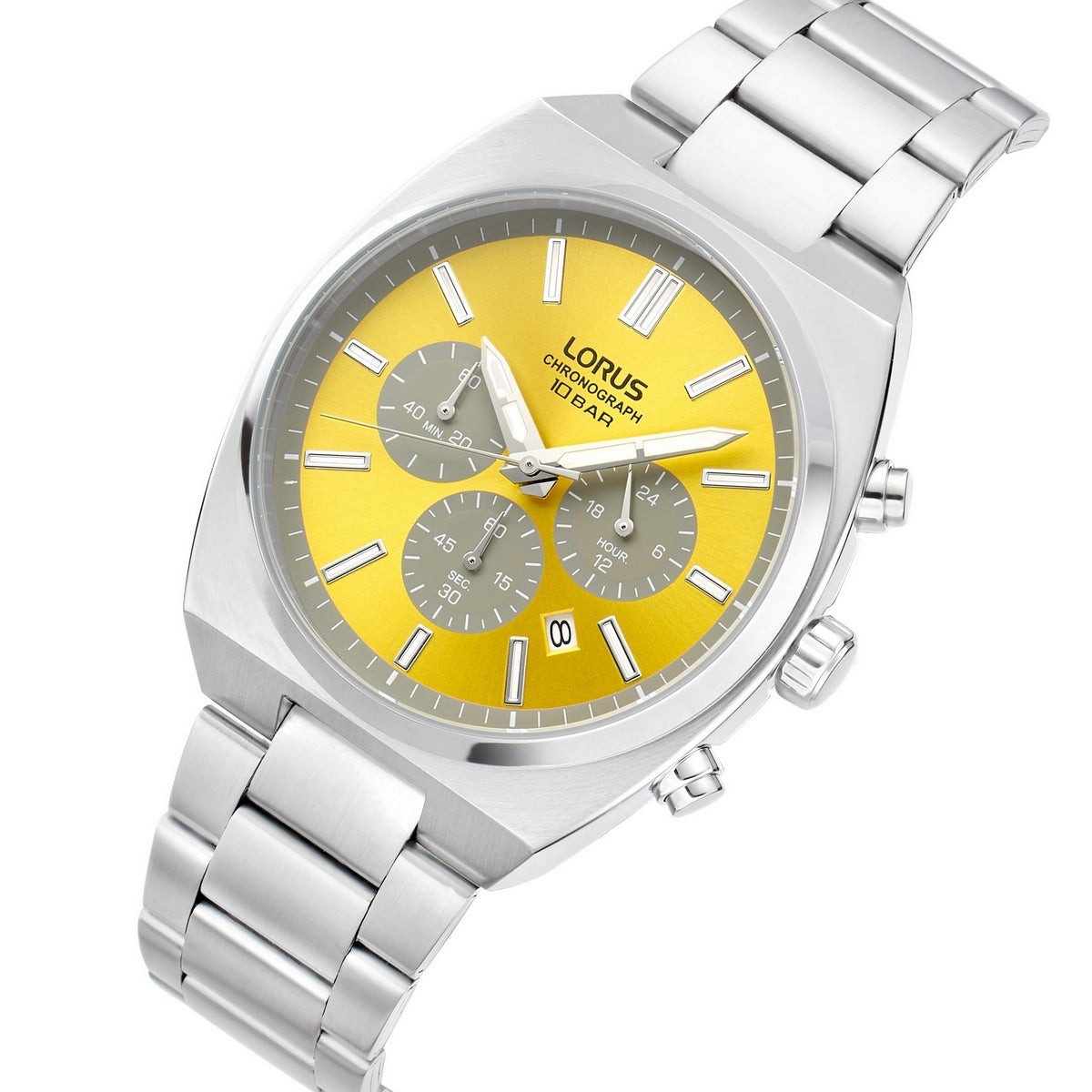 lorus quartz chronograph gents stainless steel yellow dial bracelet watch