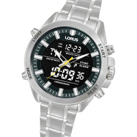 lorus quartz duo display gents stainless steel black dial bracelet watch