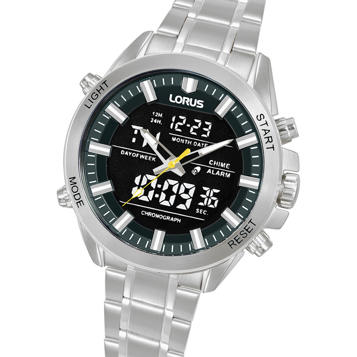 lorus quartz duo display gents stainless steel black dial bracelet watch