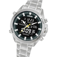 lorus quartz duo display gents stainless steel black dial bracelet watch