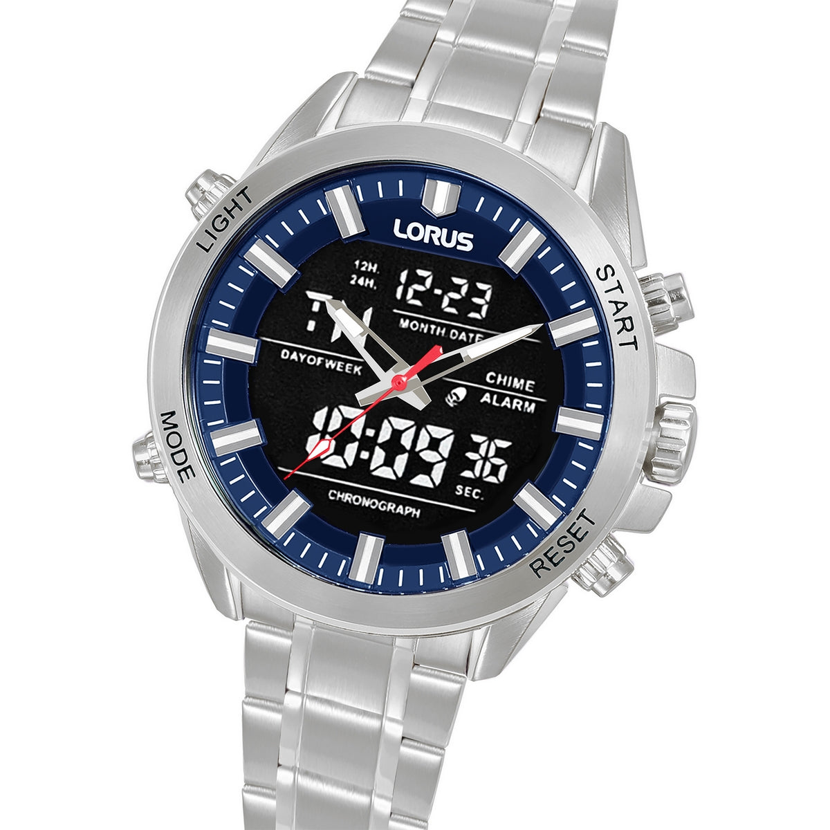 lorus quartz duo display gents stainless steel blue dial bracelet watch