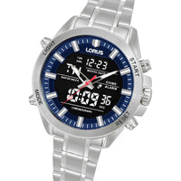 lorus quartz duo display gents stainless steel blue dial bracelet watch